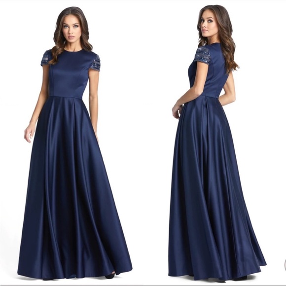 Ieena for Mac Duggal Elegant Hand-Beaded Cap Sleeve A-Line Gown in Navy 25947 16 - Picture 9 of 11